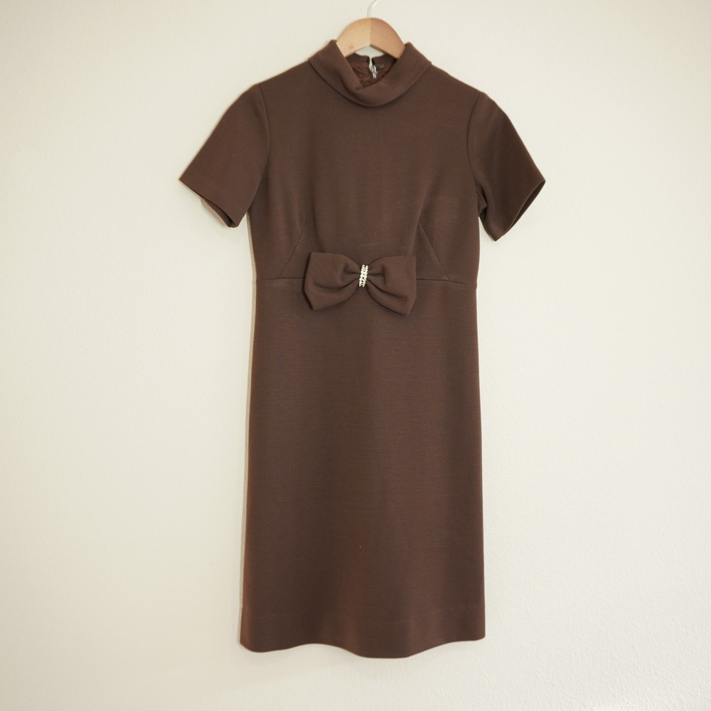 Vintage 60s Toni Todd Shift Dress Brown Waist Bow Rhinestone Mod Retro Mad Men